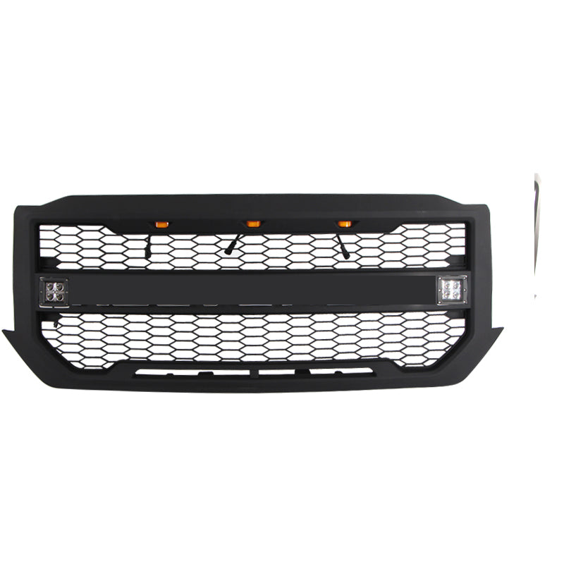 Front Grille For 2016 2017 2018 Chevrolet Silverado 1500 Bumper Grills Grill Cover W/3 LED Light and Cub Light Black