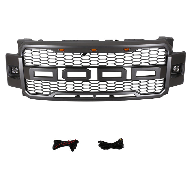 Front Grille For 2017 2018 2019 Ford F250 F350 Super Duty Upper Bumper Grill W/3 Led Lights & Side Light Black