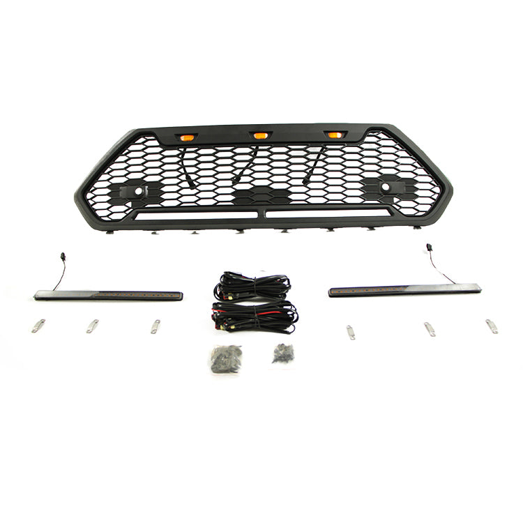 Front Grille For 2020 Toyota RAV4 Bumper Grills Grill Cover W/3 LED Lights&Light Bar Black