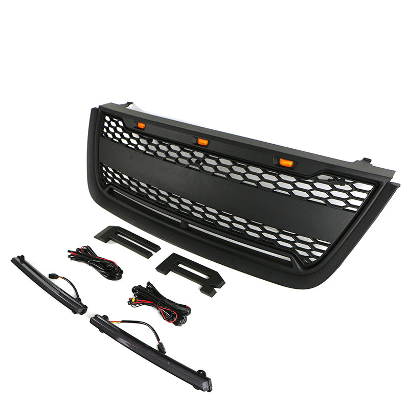 Front Grille For 2003 2004 2005 2006 Ford Expedition Bumper Grills Grill Cover W/3 LED Lights and Light Bar Black