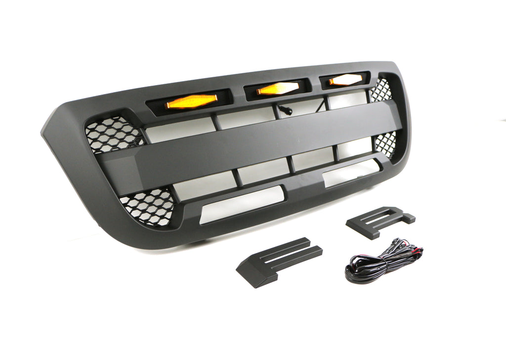 Front Grille For 2004 2005 2006 2007 2008 2009 2010 2011 Ford Ranger Bumper Grills Grill Cover W/3 LED Light Black