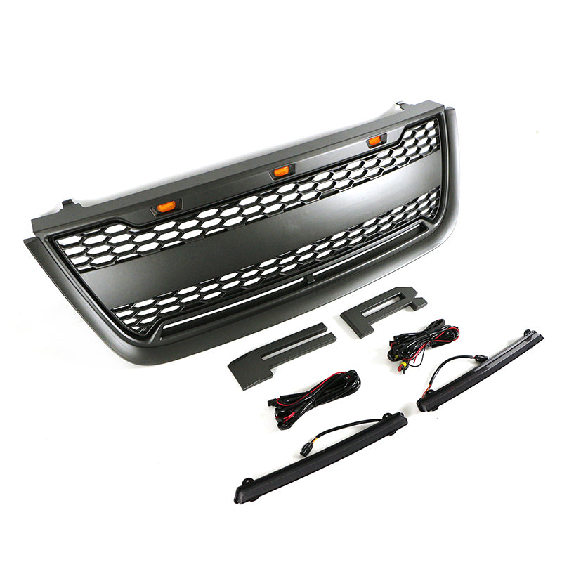 Front Grille For 2003 2004 2005 2006 Ford Expedition Bumper Grills Grill Cover W/3 LED Lights and Light Bar Black