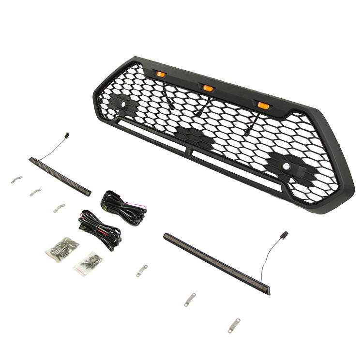 Front Grille For 2020 Toyota RAV4 Bumper Grills Grill Cover W/3 LED Lights&Light Bar Black