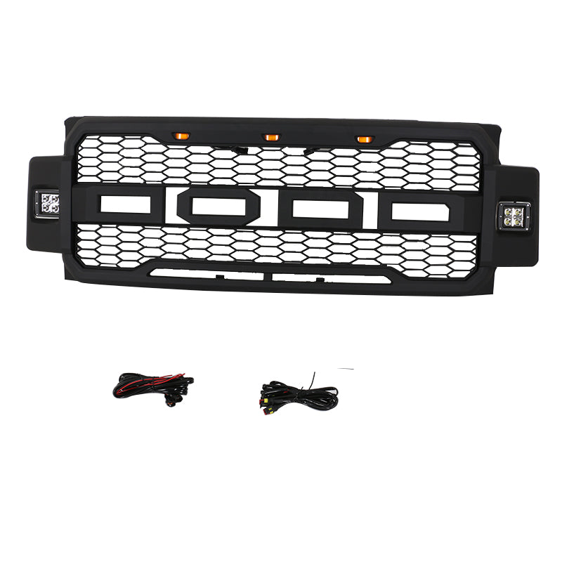 Front Grille For 2017 2018 2019 Ford F250 F350 Super Duty Upper Bumper Grill W/3 Led Lights & Side Light Black