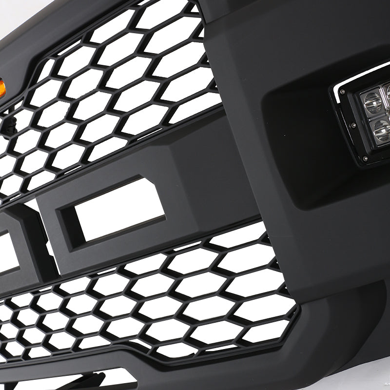 Front Grille For 2018 2019 2020 Ford F150 Mesh Grills Grill Cover Wi/3 Lights and 2 Side Light Black