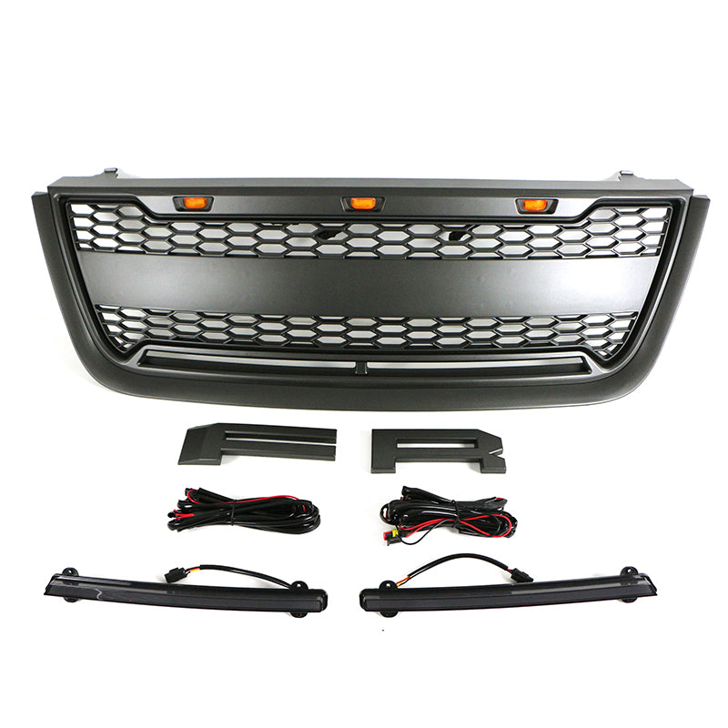 Front Grille For 2003 2004 2005 2006 Ford Expedition Bumper Grills Grill Cover W/3 LED Lights and Light Bar Black