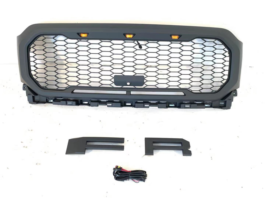 Front Grille For 2021 Ford F150 Raptor Style Bumper Grills Grill Cover W/3 LED Light Black