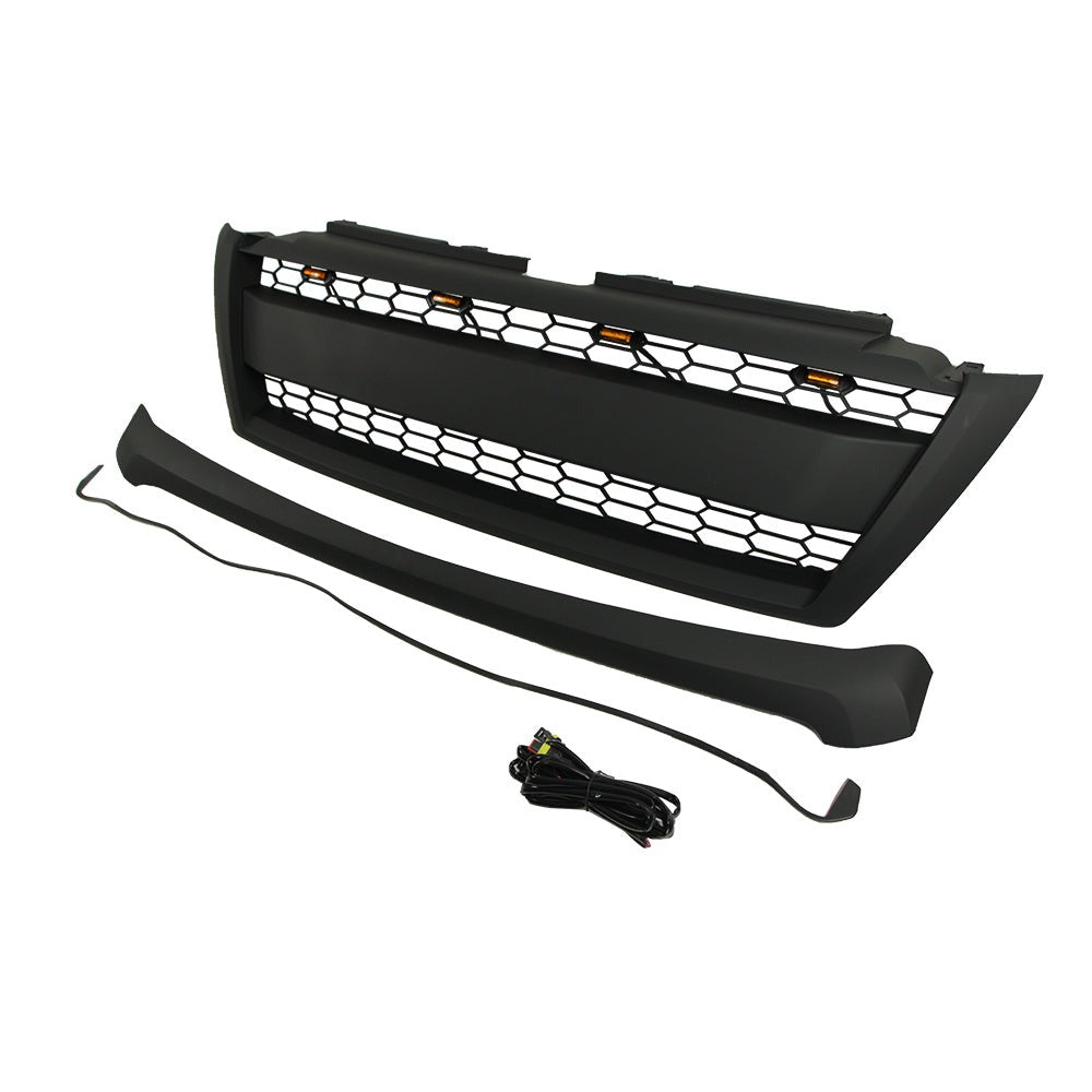 Front Grille For 2014-2018 Toyota Land Crusier Prado Bumper Grills Grill Cover W/4 LED Lights Black