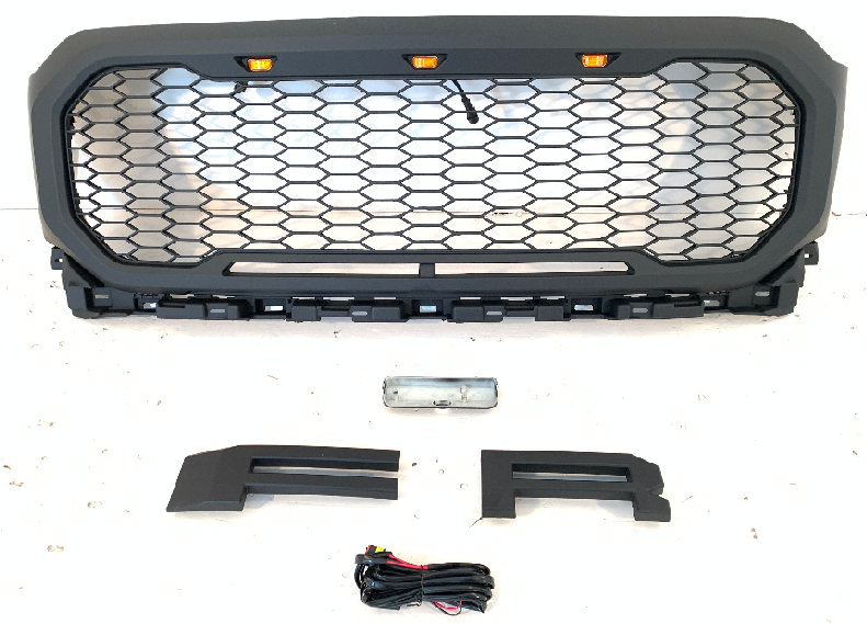 Front Grille For 2021 Ford F150 Raptor Style Bumper Grills Grill Cover W/3 LED Light Black
