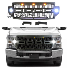 Front Grille For 2021 2022 Ford F150 Front Mesh Grilles W/3 LED Lights & Side Lights Black