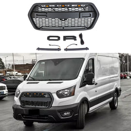 Front Grille For 2022 Ford Transit Custom Bumper Grills Grill Cover W/3 LED Light & Light Bar Black