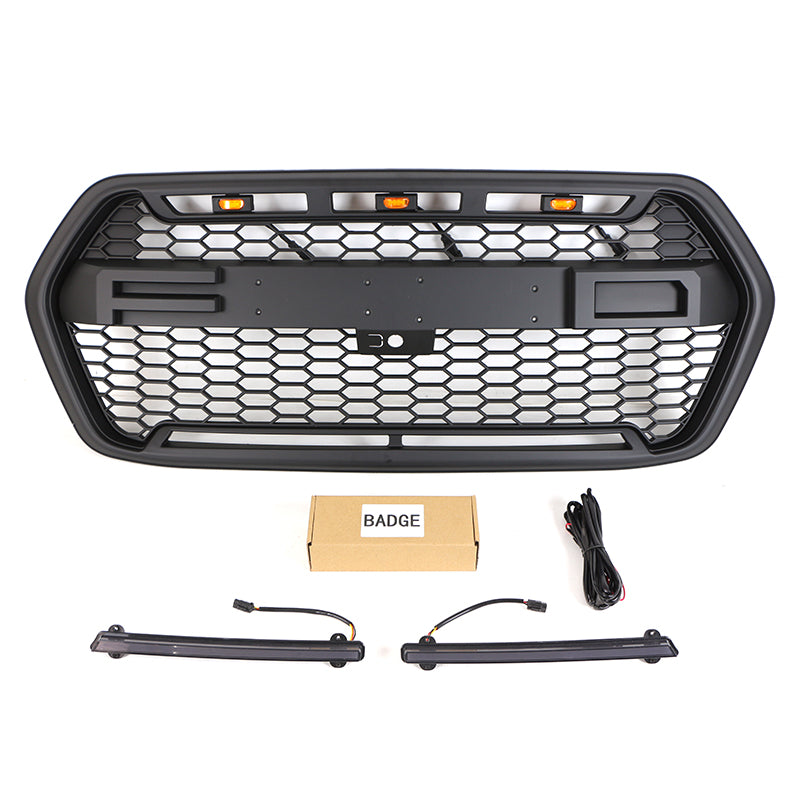 Front Grille For 2022 Ford Transit Custom Bumper Grills Grill Cover W/3 LED Light & Light Bar Black