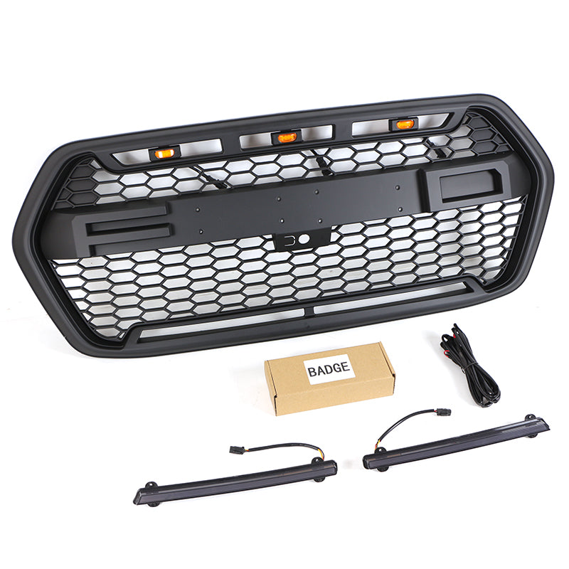 Front Grille For 2022 Ford Transit Custom Bumper Grills Grill Cover W/3 LED Light & Light Bar Black
