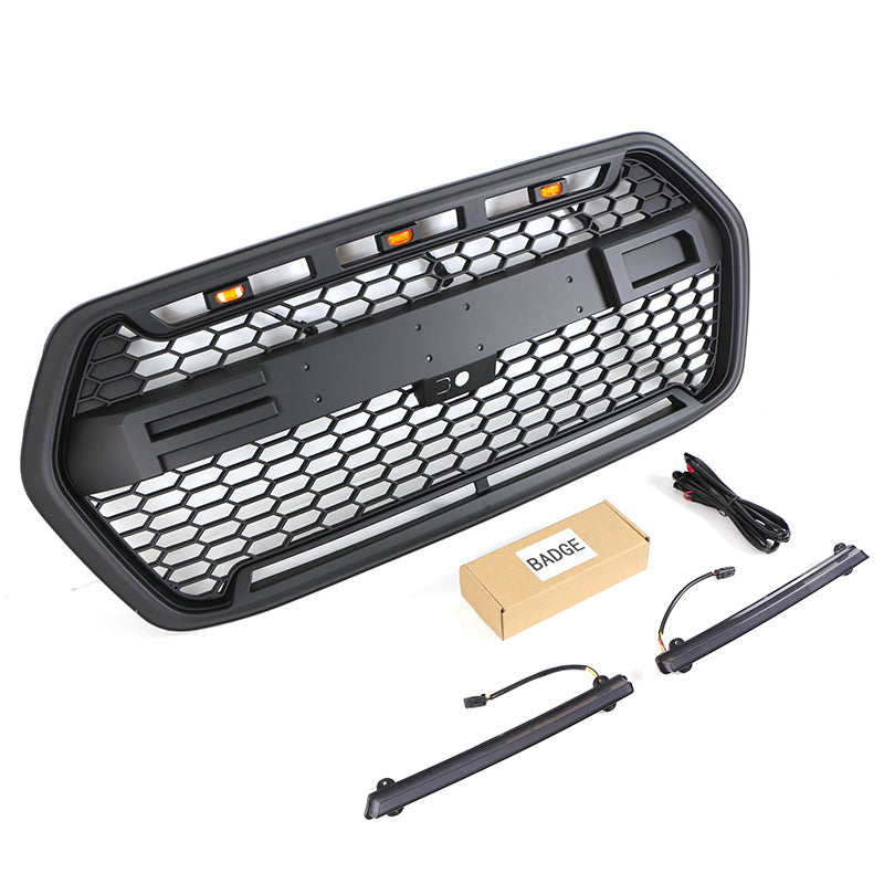 Front Grille For 2022 Ford Transit Custom Bumper Grills Grill Cover W/3 LED Light & Light Bar Black