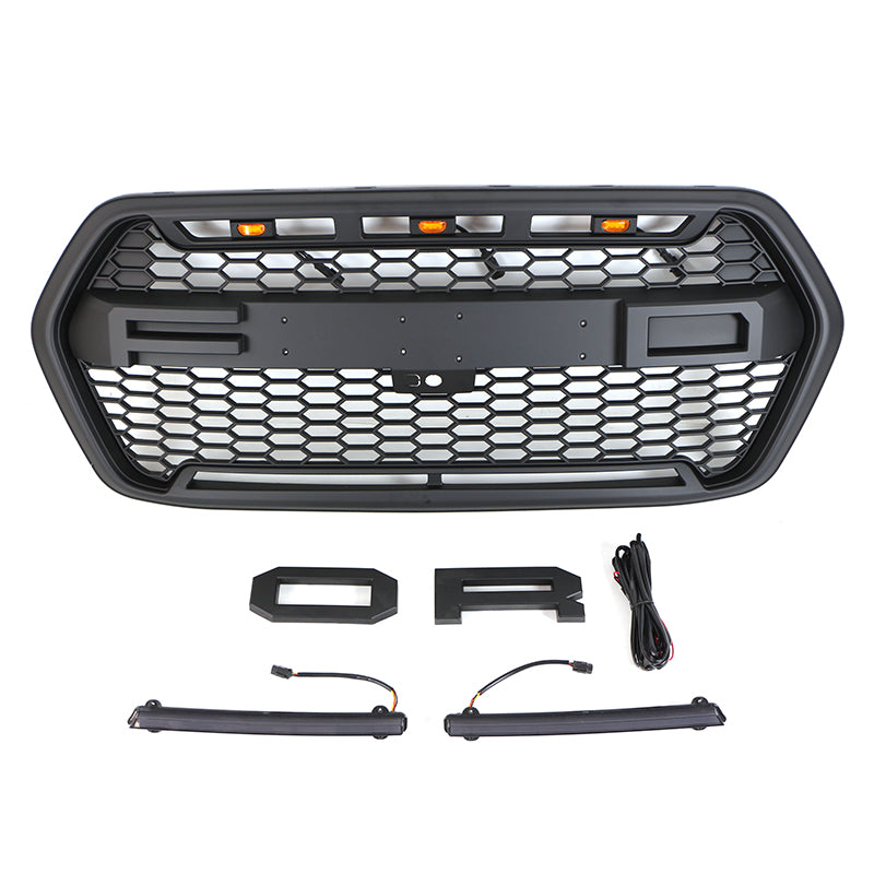 Front Grille For 2022 Ford Transit Custom Bumper Grills Grill Cover W/3 LED Light & Light Bar Black