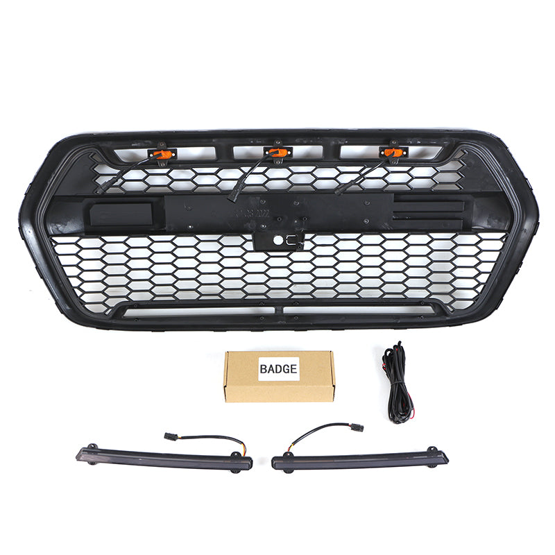Front Grille For 2022 Ford Transit Custom Bumper Grills Grill Cover W/3 LED Light & Light Bar Black