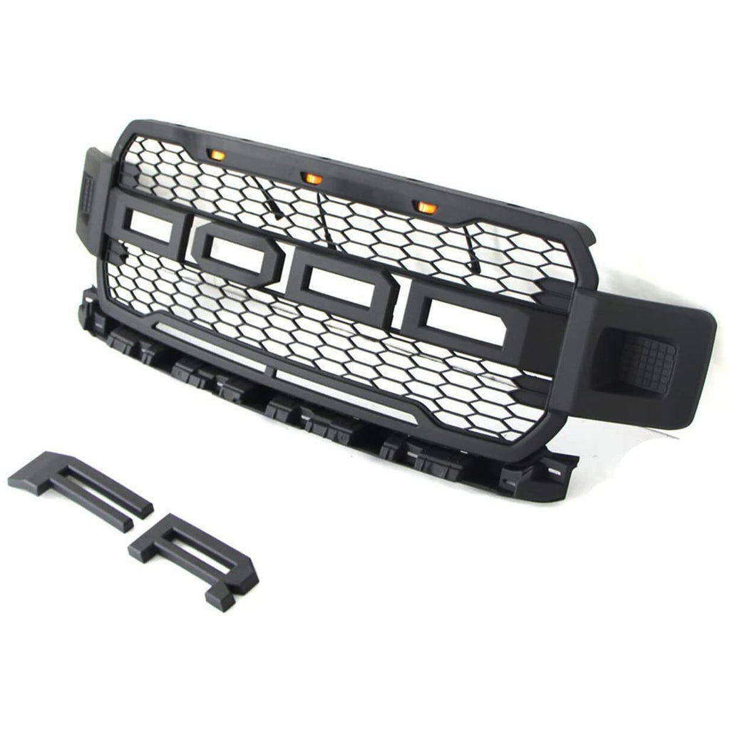 Front Grille For 2018 2019 2020 Ford F150 Front Mesh Grilles Bumper Grill W/3 LED Lights Black
