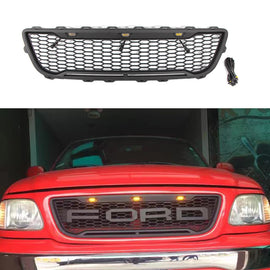 Front Grille For 1999-2003 Ford F150 Bumper Grills Grill Cover W/3 LED Light Black