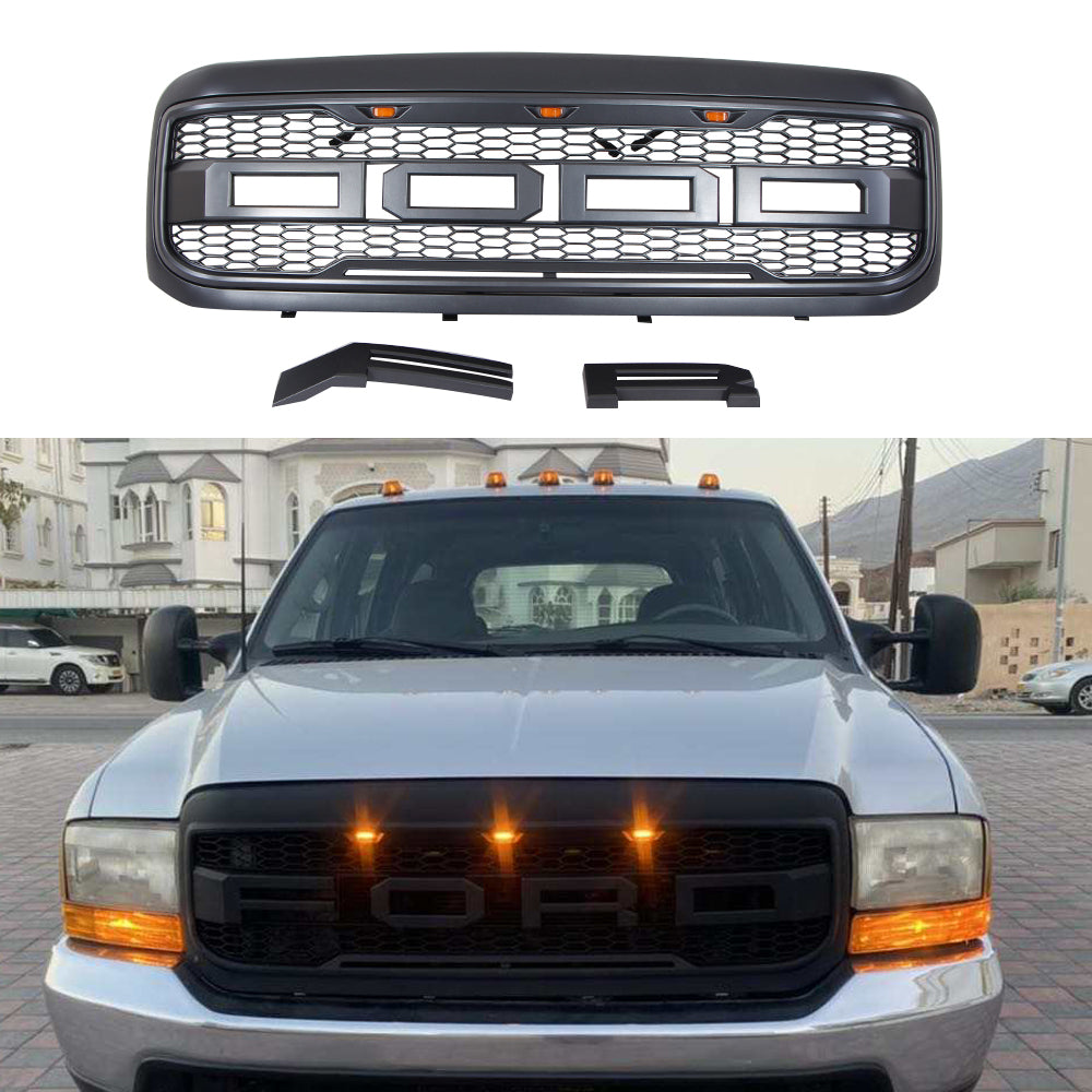Front Grille For 1999 2000 2001 2002 2003 2004 Ford F250 F350 F450 Super Duty Front Bumper Grilles Replacement Grill W/3 Led Lights Black
