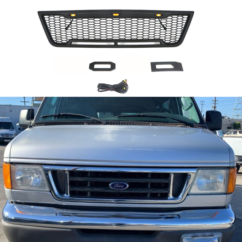 Front Grille For 2003 2004 2005 2006 2007 Ford E150 E250 E350 Bumper Grilles Grill W/3 Lights Black