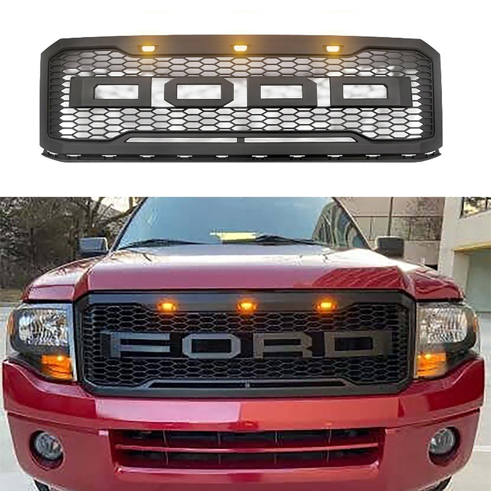 Front Grille For 2007 2008 2009 2010 2011 2012 2013 2014 2015 2016 2017 Ford Expedition Raptor Style Mesh Bumper Grille Grill Honeycomb Cover Grille With Led Lights Black