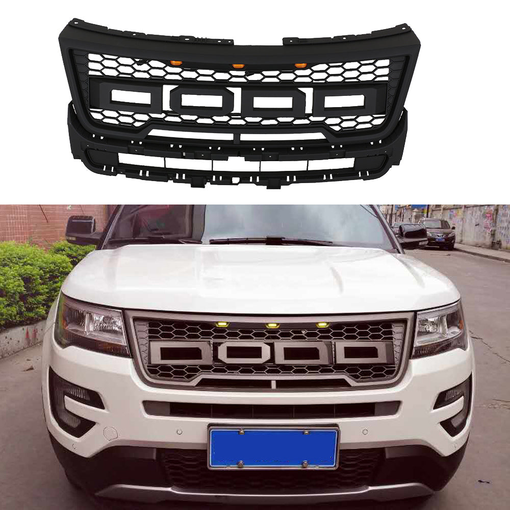 Front Grille For 2016 2017 2018 Ford Explorer Mesh Bumper Grilles Grills Cover W/3 lights Black
