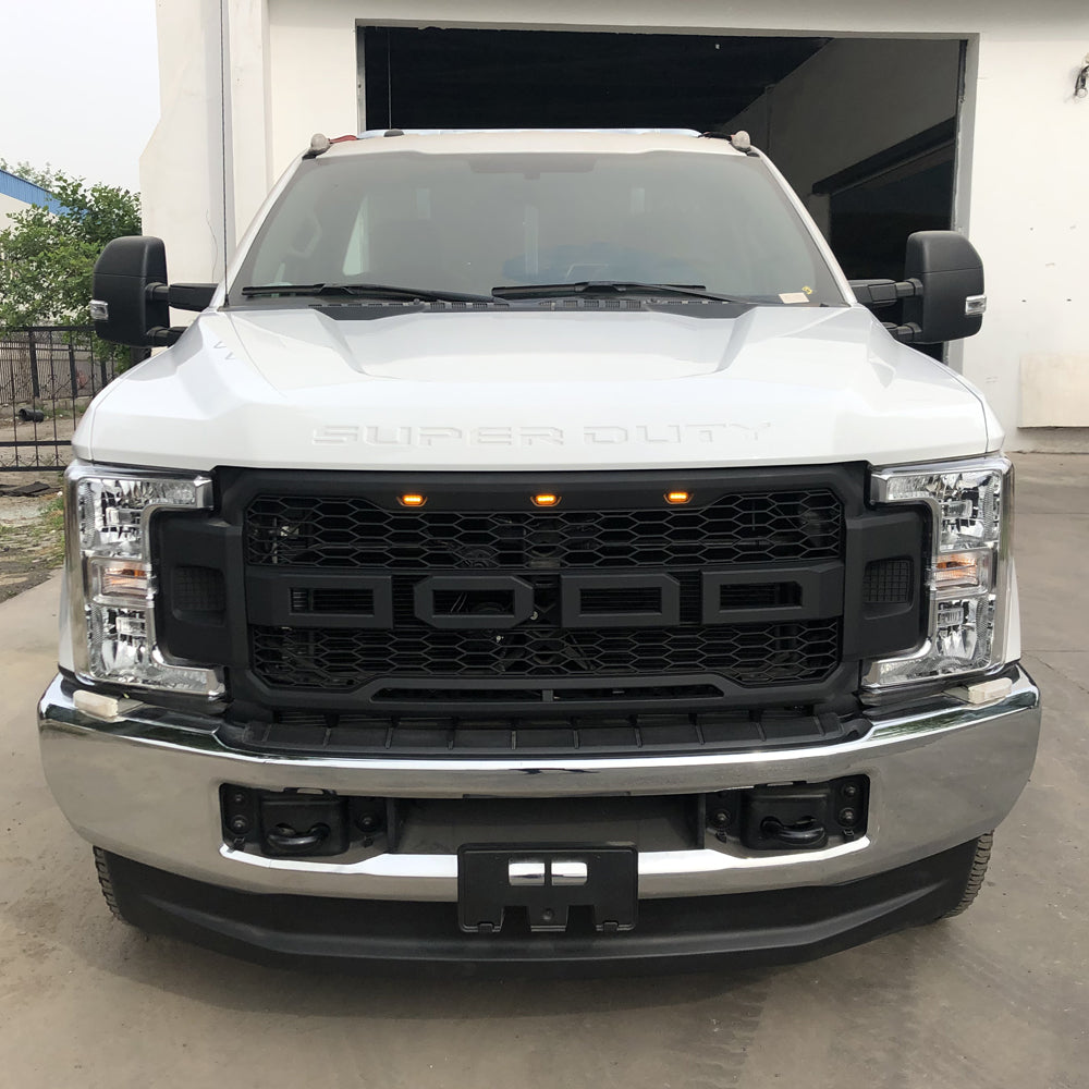 Front Grille For 2017 2018 2019 Ford F250 F350 Super Duty Upper Bumper Grill With 3 Led Lights Black