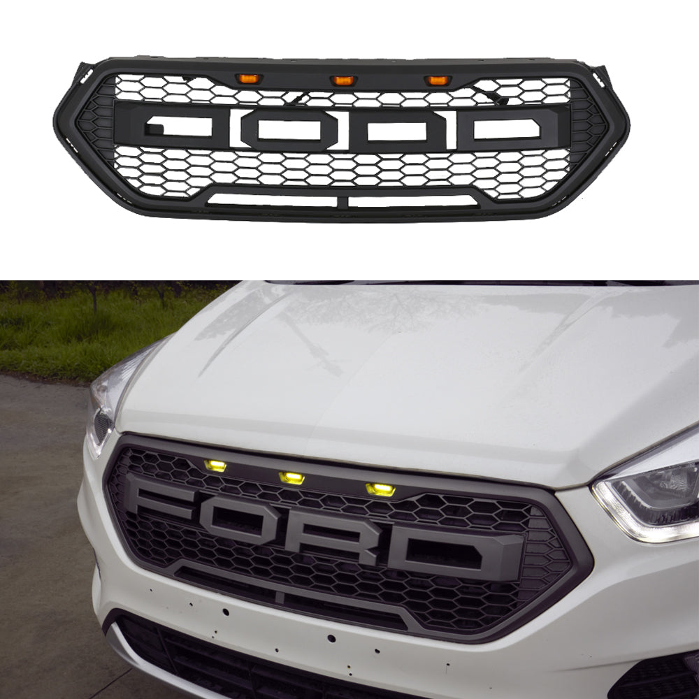 Front Grille For 2017 2018 2019 Ford Kuga Escape Honeycomb Bumper Grill Replacement Grilles W/3 Lights Black