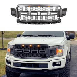 Front Grille For 2018 2019 2020 Ford F150 Front Mesh Grilles Bumper Grill W/3 LED Lights Black