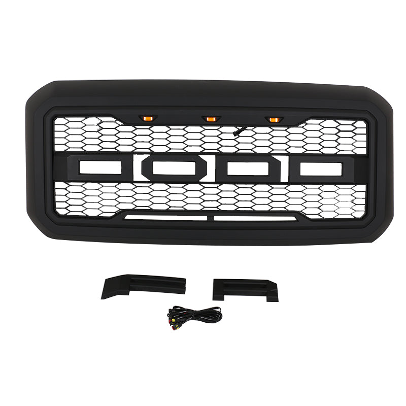 Front Grille For 2011 2012 2013 2014 2015 2016 Ford F250 F350 Super Duty Grill Raptor Style W/3 Lights Black