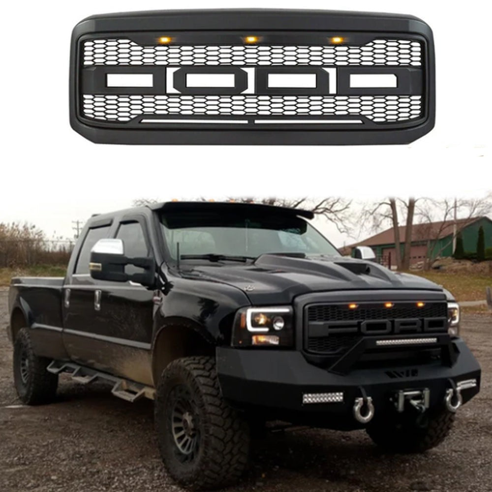 Front Grille For 2005 2006 2007 Ford F250 F350 F450 Front Bumper Super Duty Grilles Grill With 3 Led Lights Black