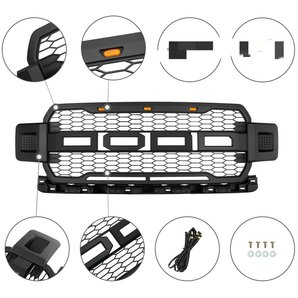 Front Grille For 2018 2019 2020 Ford F150 Front Mesh Grilles Bumper Grill W/3 LED Lights Black