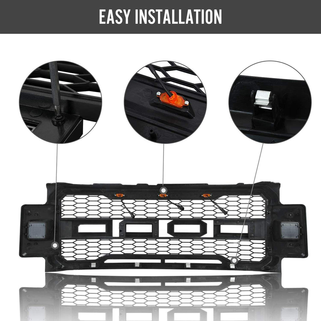 Front Grille For 2017 2018 2019 Ford F250 F350 Super Duty Upper Bumper Grill With 3 Led Lights Black