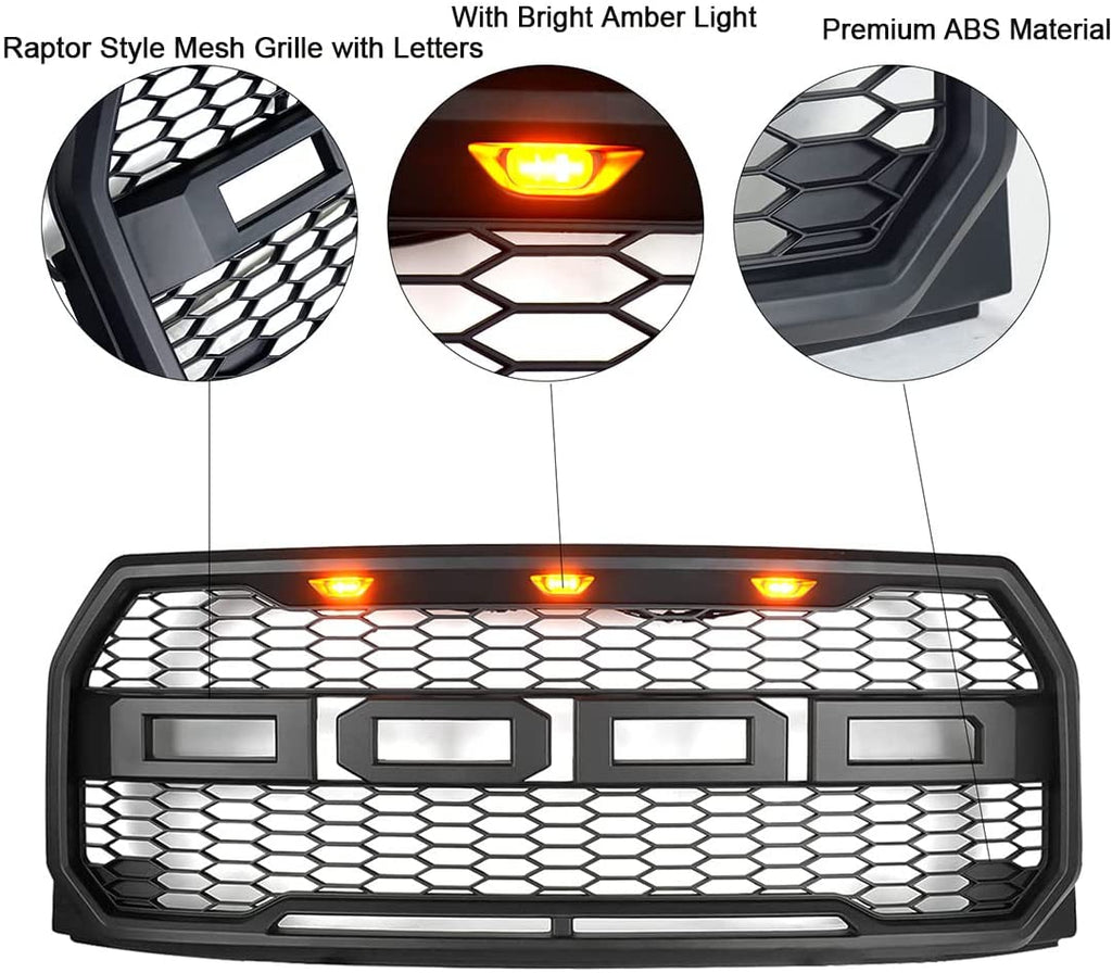 Front Grille For 2015 2016 2017 FORD F150 Grill Raptor style Bumper Mesh Grilles W/3 Lights Black