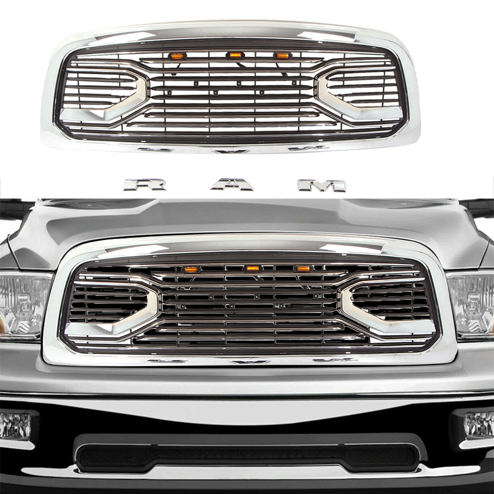 Grille For 2009 2010 2011 2012 2013 Dodge Ram 1500 Front Mesh Bumper Grill Big Horn With 3 Led Lights Chrome