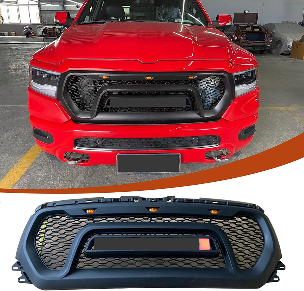 Front Grille For 2019 2020 2021 Dodge Ram 1500 Front Mesh Bumper Grill Grilles Cover W/3 Lights Black