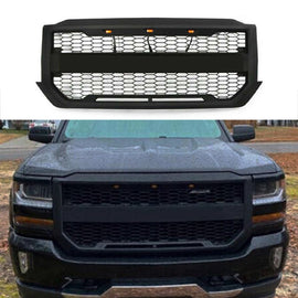 Front Grille For 2016-2018 Chevrolet Silverado 1500 Bumper Grills Grill Cover W/3 LED Light Black