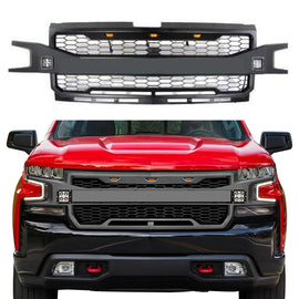 Front Grille For 2019 Chevrolet Silverado 1500 Bumper Grills Grill Cover W/3 LED Lights Black