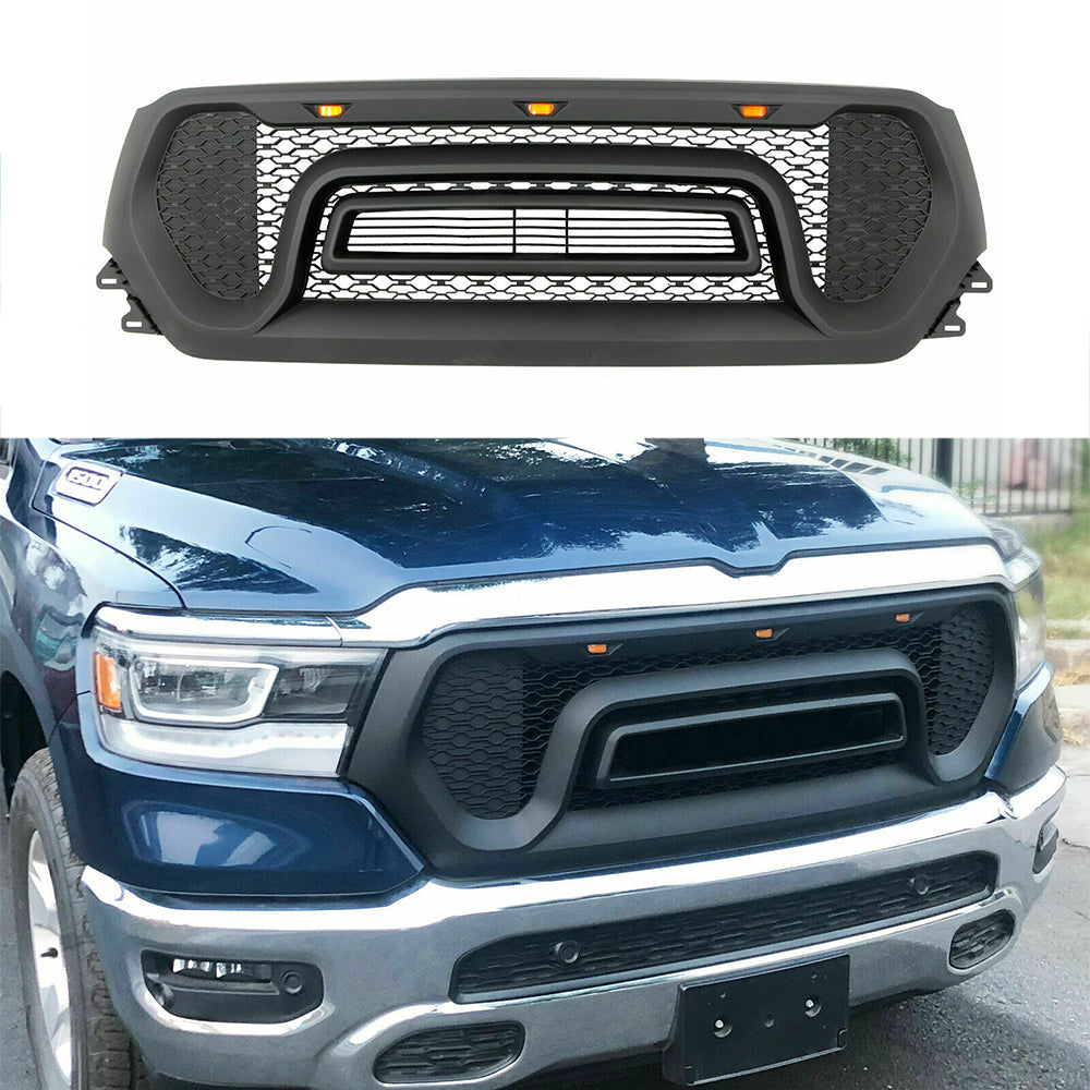 Front Grille For 2019 2020 2021 Dodge Ram 1500 Front Mesh Bumper Grill Grilles Cover W/3 Lights Black