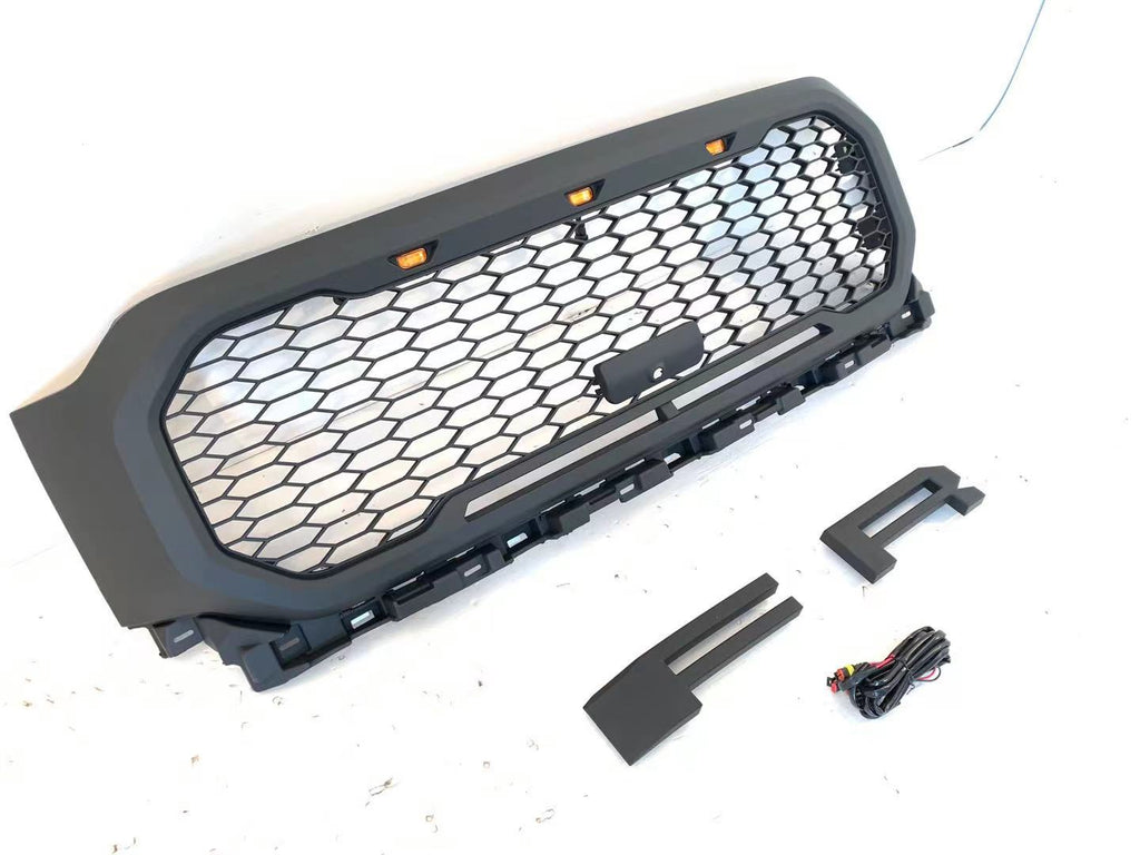 Front Grille For 2021 Ford F150 Raptor Style Bumper Grills Grill Cover W/3 LED Light Black