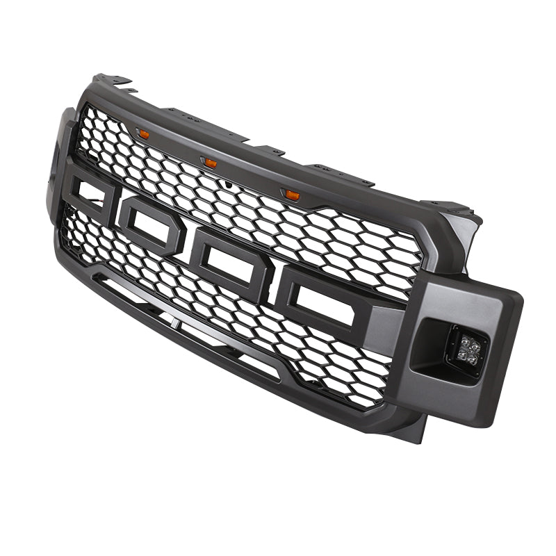 Front Grille For 2017 2018 2019 Ford F250 F350 Super Duty Upper Bumper Grill W/3 Led Lights & Side Light Black