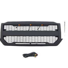 Front Grille For 2016-2018 Chevrolet Silverado 1500 Bumper Grills Grill Cover W/3 LED Light Black