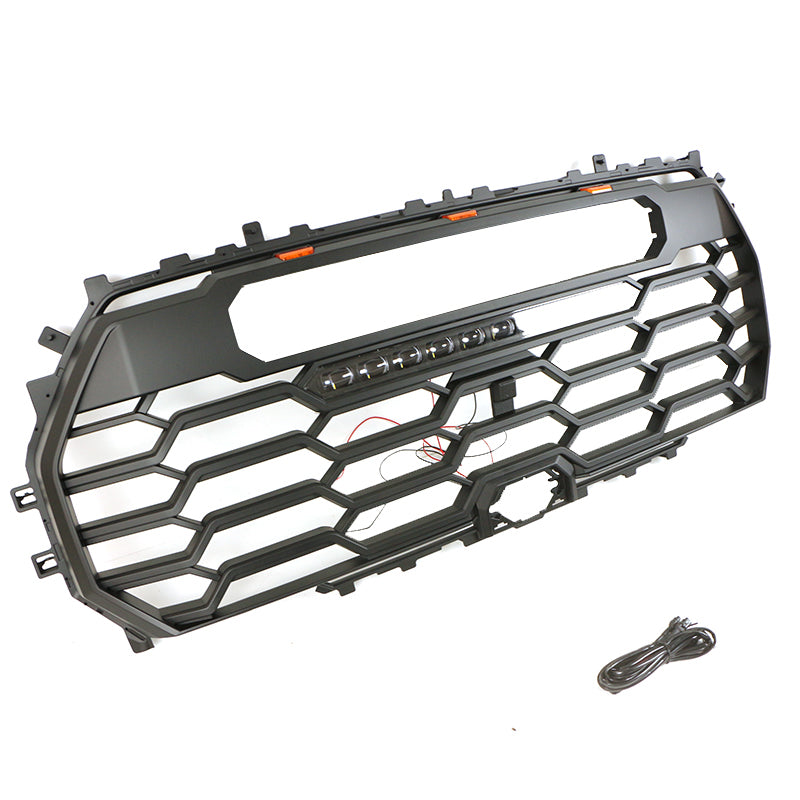 Front Grille For 2022-2023 Toyota Tundra Bumper Grills Grill Cover W/3 LED Lights&Light Bar Black