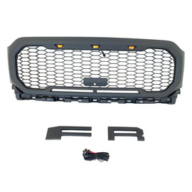 Front Grille For 2021 Ford F150 Raptor Style Bumper Grills Grill Cover W/3 LED Light Black