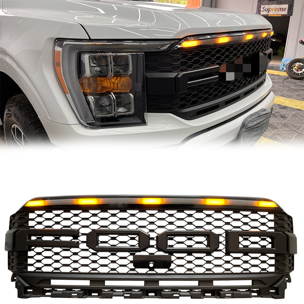 Front Grille for 2021 Ford F150 Bumper Grill Mesh Grilles Cover W/5 LED Lights