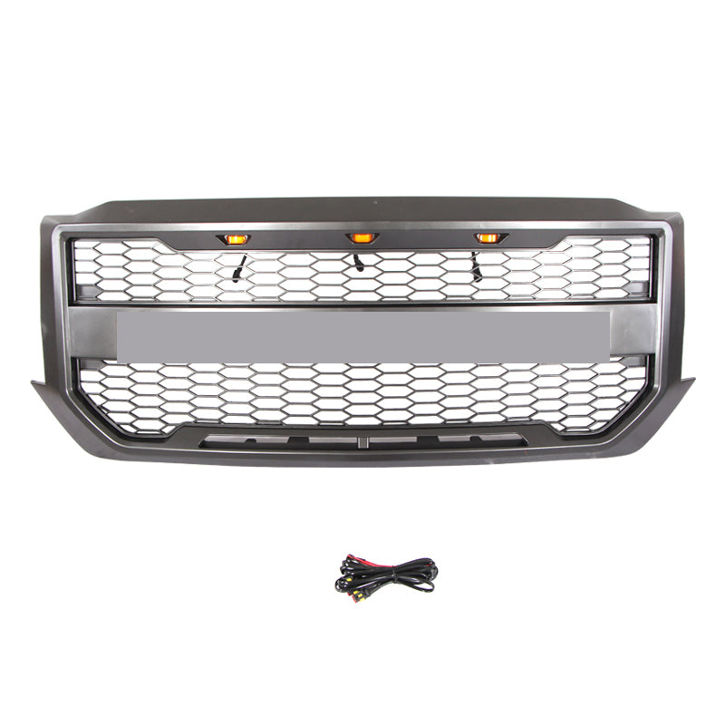 Front Grille For 2016-2018 Chevrolet Silverado 1500 Bumper Grills Grill Cover W/3 LED Light Black