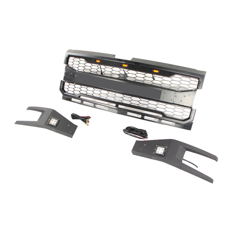 Front Grille For 2019 Chevrolet Silverado 1500 Bumper Grills Grill Cover W/3 LED Lights Black
