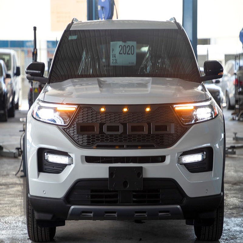Front Grille For 2019 2020 2021 Ford Explorer Mesh Bumper Grill Grills W/3 Lights Black